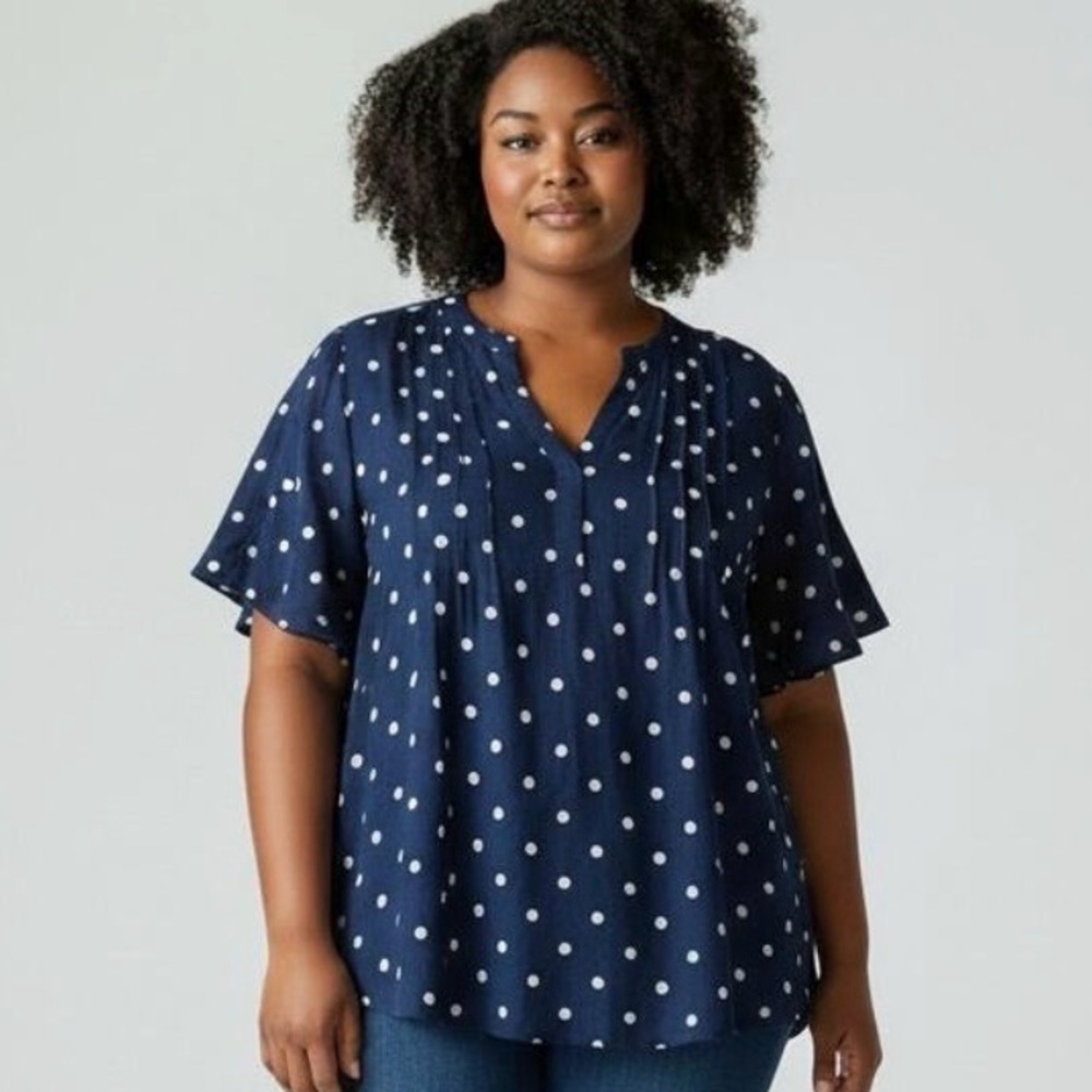 Ember Polka Dot Womens Top 3X Flutter Sleeve Pin Tuck Lightweight Work Casual